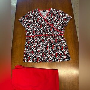 Cherokee Red and Black Floral Scrub Top